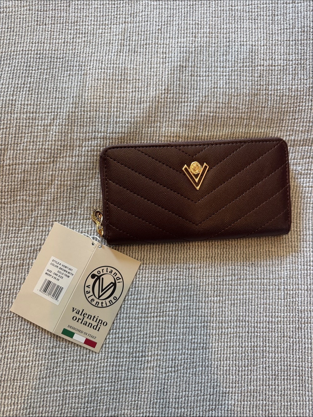 Valentino Orlandi Quilted Zip Wallet in Chocolate Brown with Gold Logo